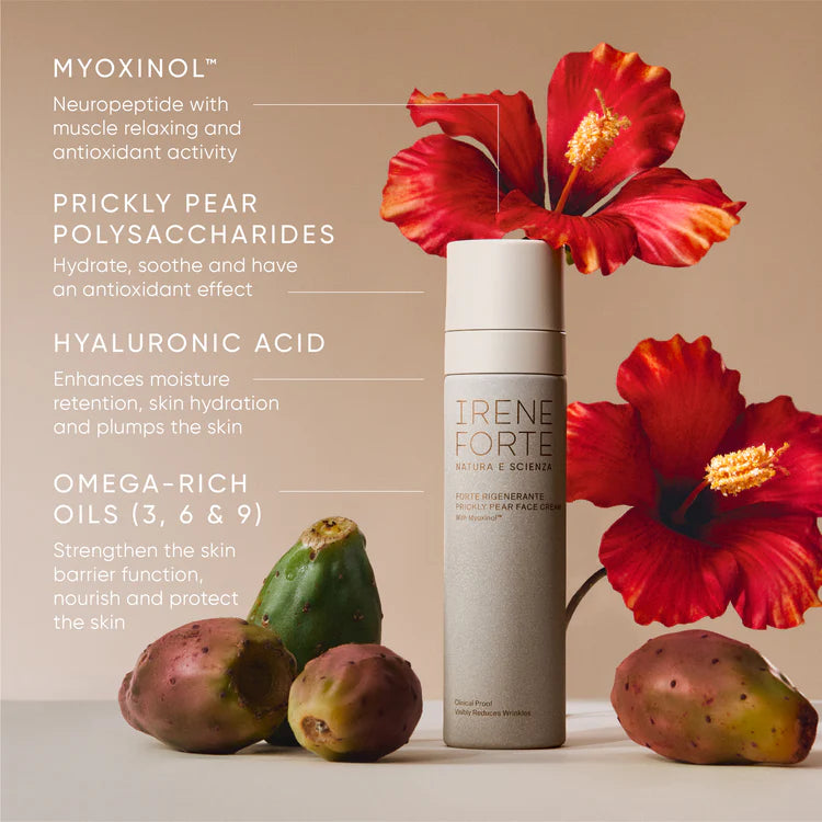 Skincare product with ingredients listed, including MYOXINOL, Prickly Pear Polysaccharides, Hyaluronic Acid, and Omega-Rich Oils, with red flowers and prickly pears in the background.