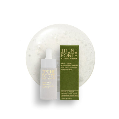 Irene Forte Triple Level Hyaluronic Serum 30ml bottle beside its green Irene Forte box
