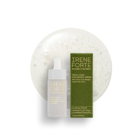 Irene Forte Triple Level Hyaluronic Serum 30ml bottle beside its green Irene Forte box