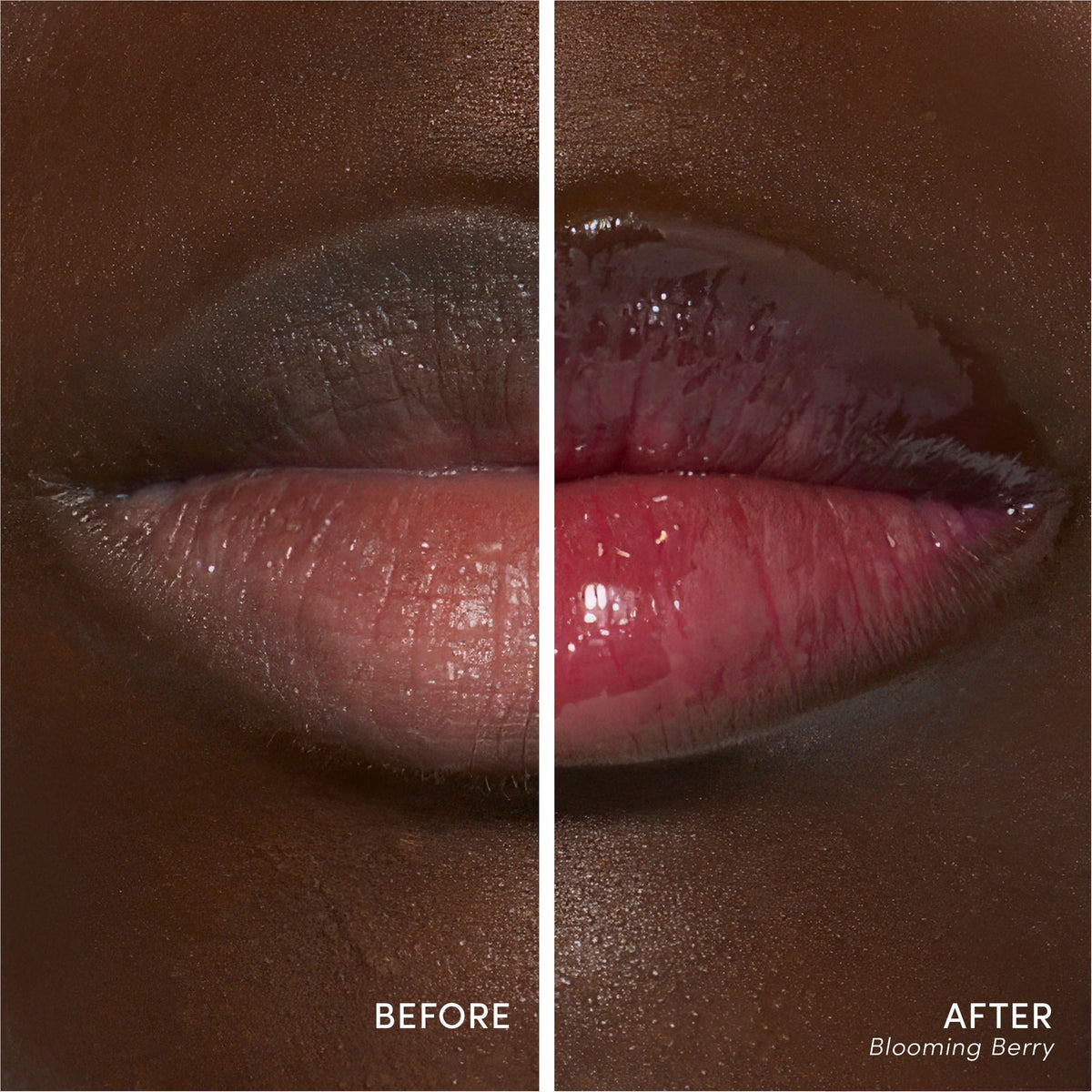 Before and after: bare lips beside lips wearing Blooming Berry.