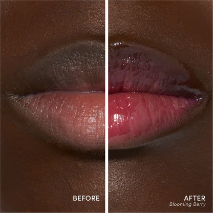 Before and after: bare lips beside lips wearing Blooming Berry.