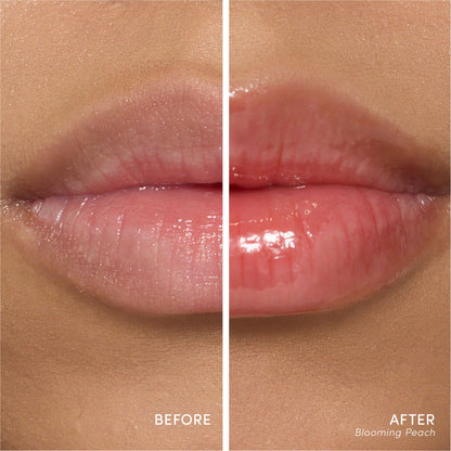 Before and after: bare lips beside lips wearing Blooming Peach.