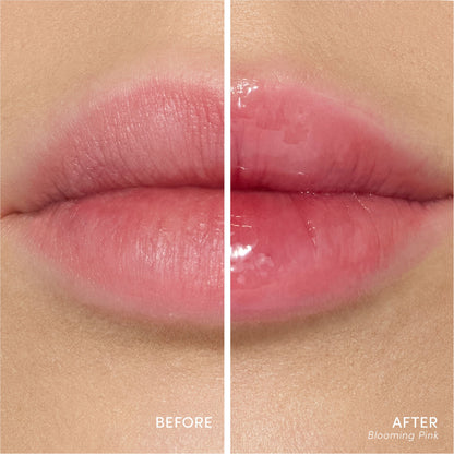 Before and after: bare lips beside lips wearing Blooming Pink.