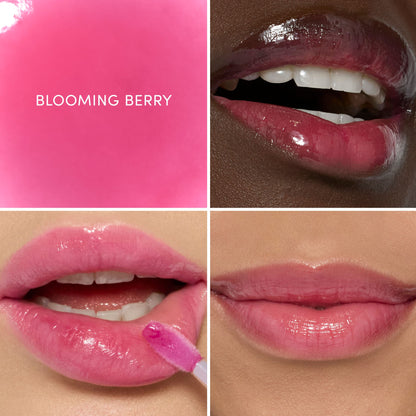 Grid of lip close-ups showing Blooming Berry on different skin tones.