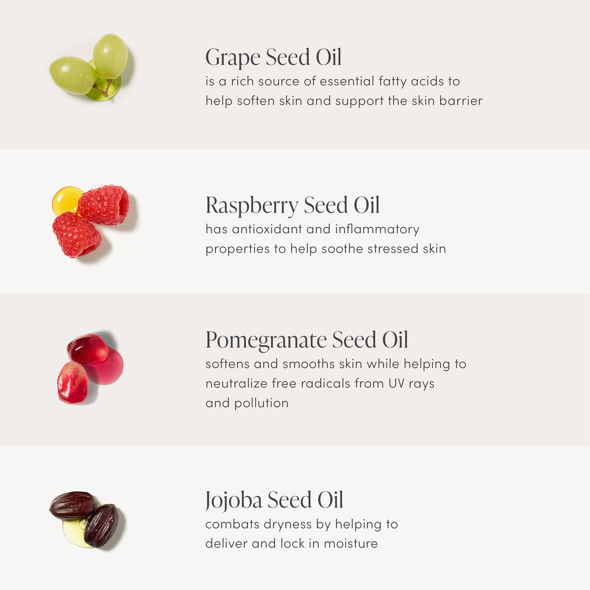 Jane Iredale ingredient graphic listing grape seed, raspberry seed, pomegranate seed and jojoba seed oils.