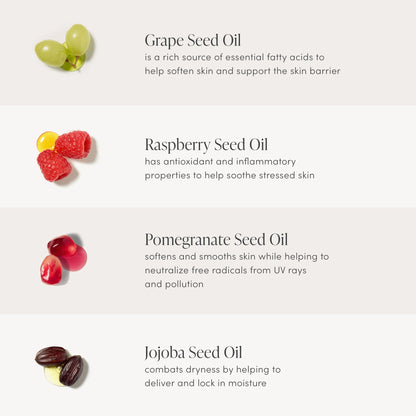 Jane Iredale ingredient graphic listing grape seed, raspberry seed, pomegranate seed and jojoba seed oils.