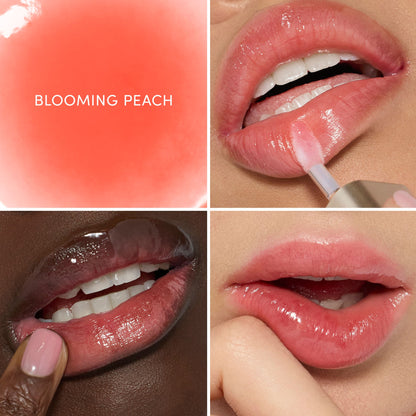Grid of lip close-ups showing Blooming Peach on different skin tones.
