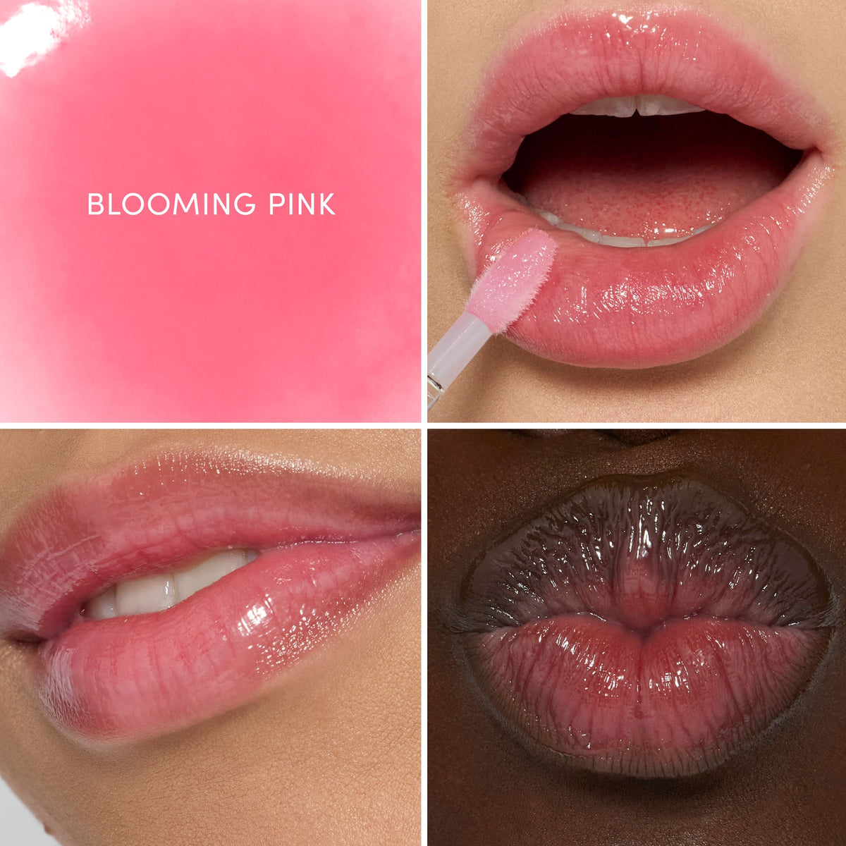 Grid of lip close-ups showing Blooming Pink on different skin tones.