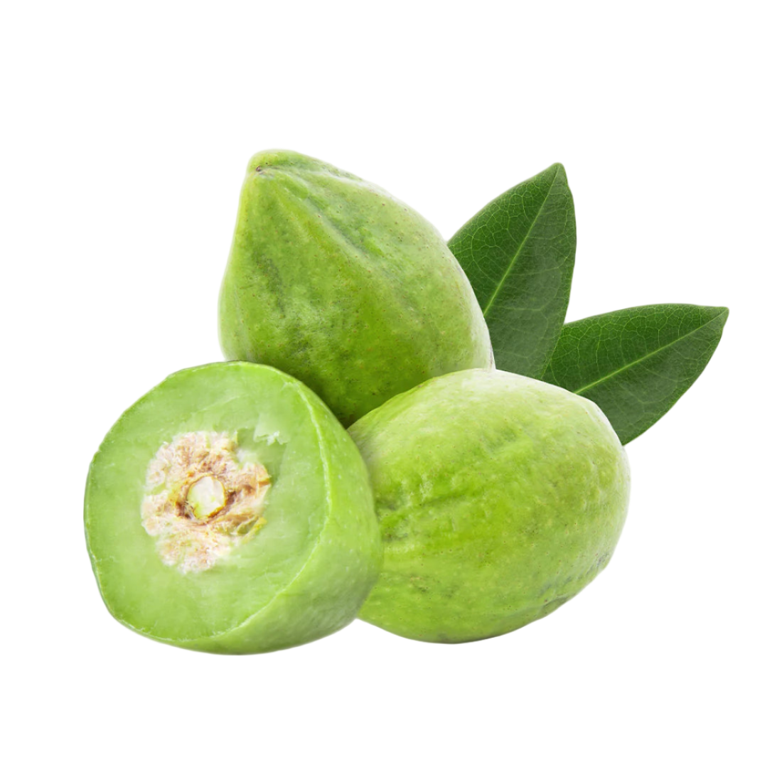 Green fruits with leaves on a white background