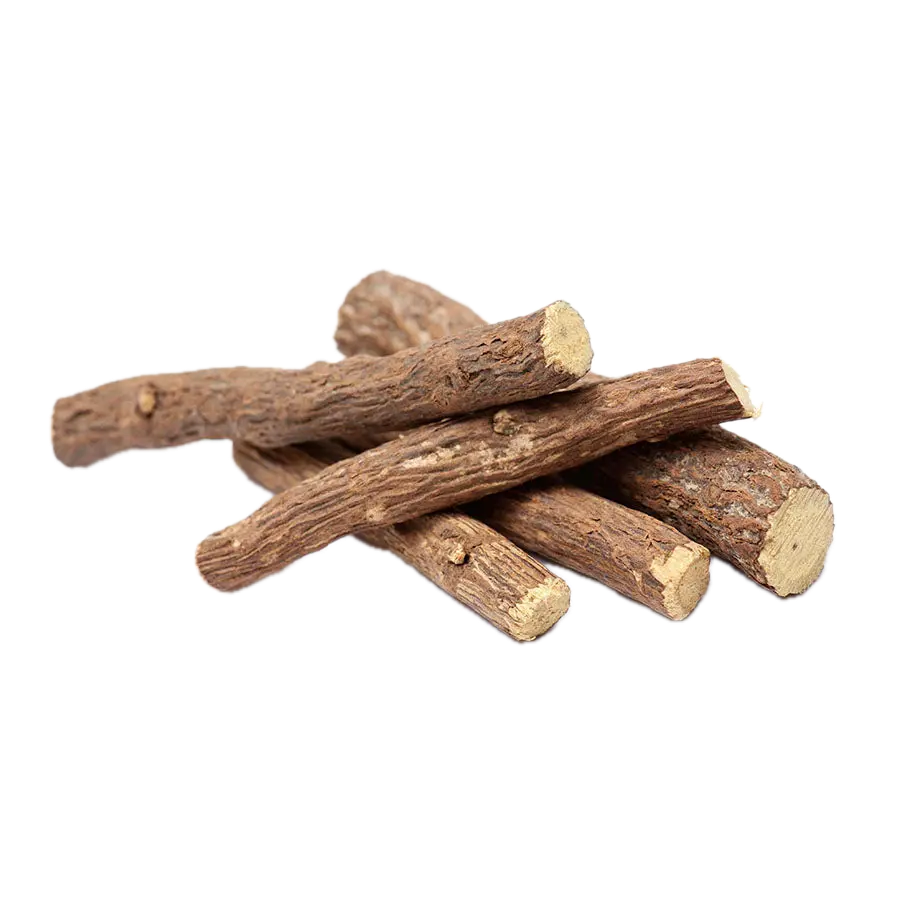 Stack of dried licorice roots on a white background