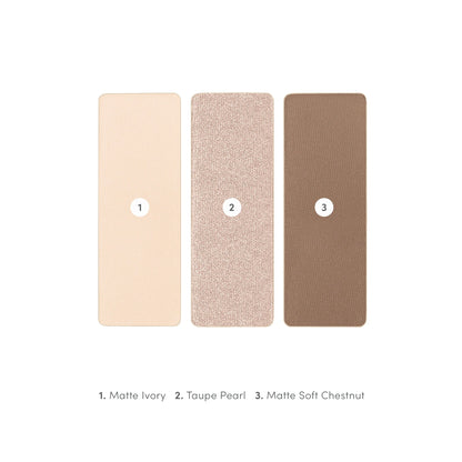 Three color swatches labeled 'Matte Ivory', 'Taupe Pearl', and 'Matte Soft Chestnut' on a white background.