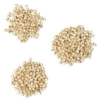 Three clusters of small gold beads on a white background