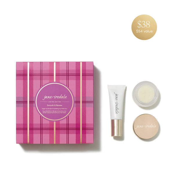 Jane Iredale Smooth & Renew lip scrub and lip mask duo in its pink plaid gift box with the pots.