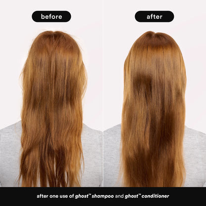 Before and after comparison of hair using ghost shampoo and conditioner on a plain background.