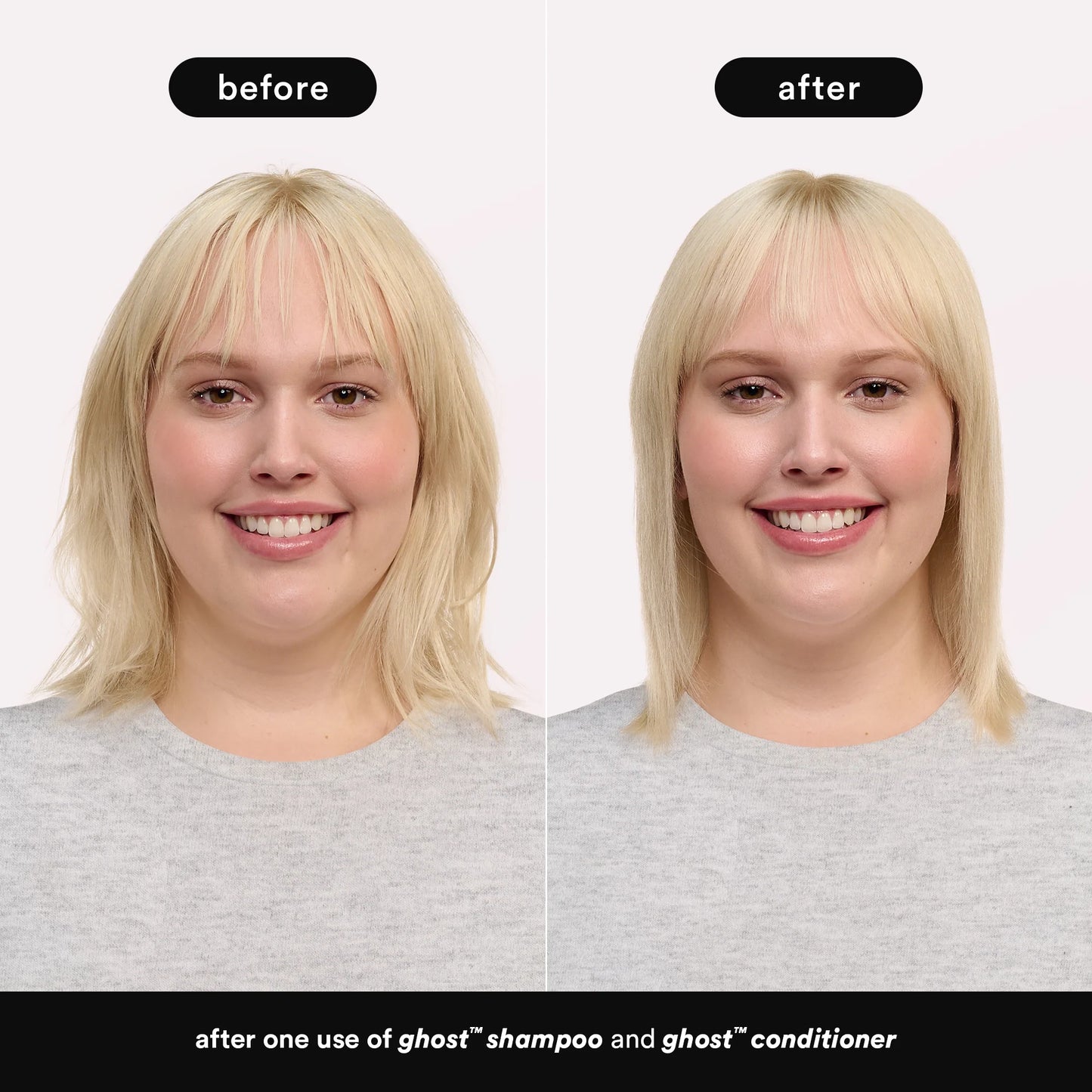 Before and after comparison of a person with blonde hair, using ghost shampoo and conditioner.