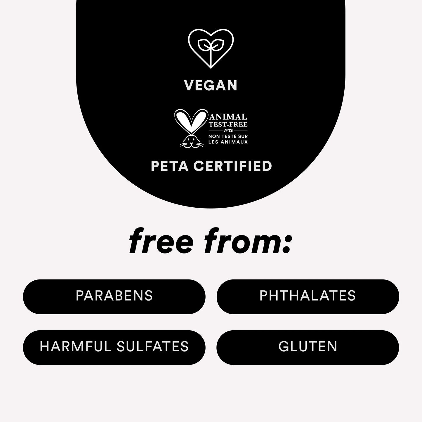 Vegan and PETA Certified logo with free-from declarations on a black background