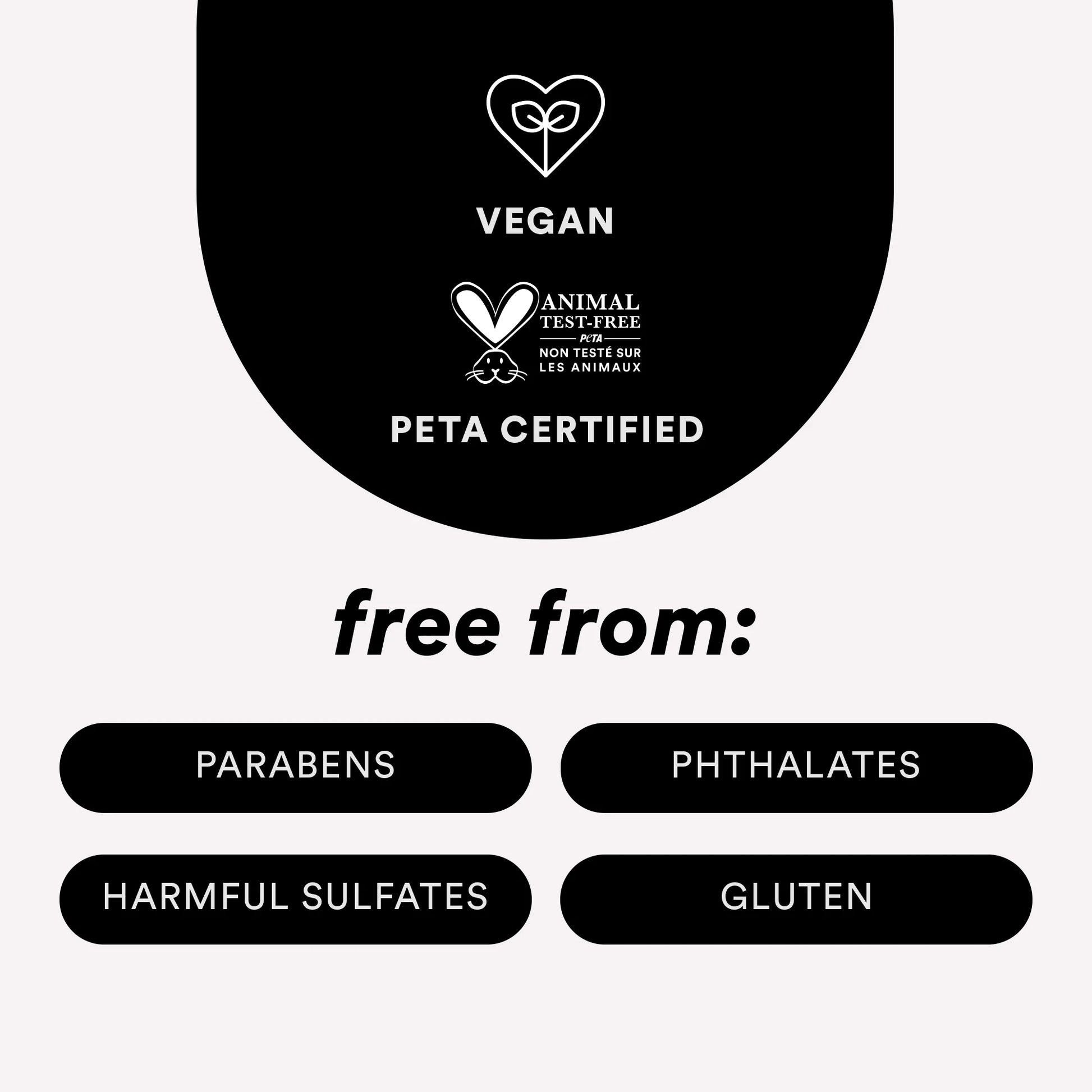 Vegan and PETA Certified logo with free-from declarations on a black background