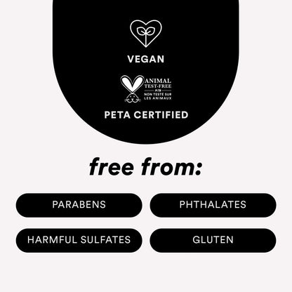 Vegan and PETA Certified logo with free-from declarations on a black background