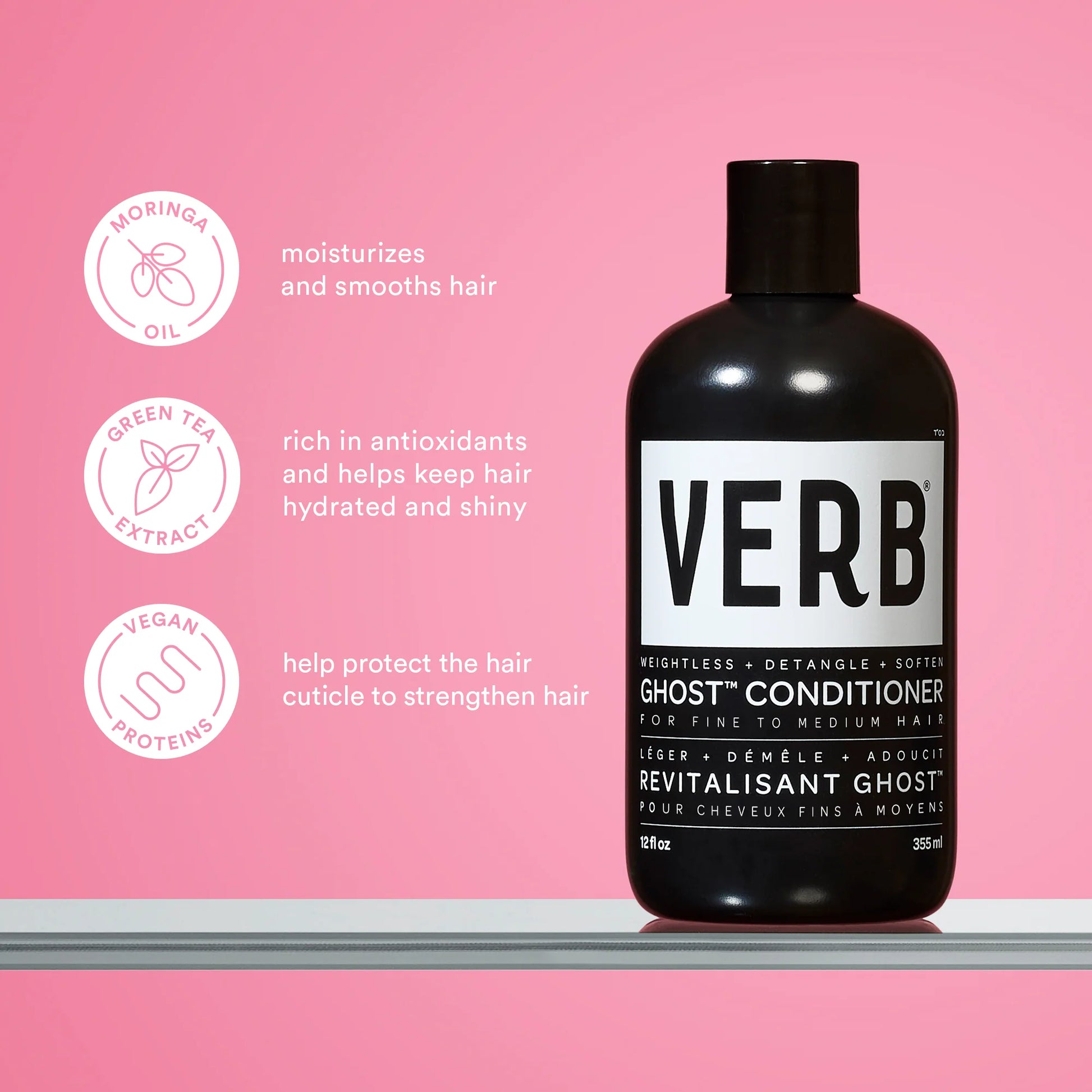 Verb Ghost conditioner bottle on a pink background with product benefits listed.