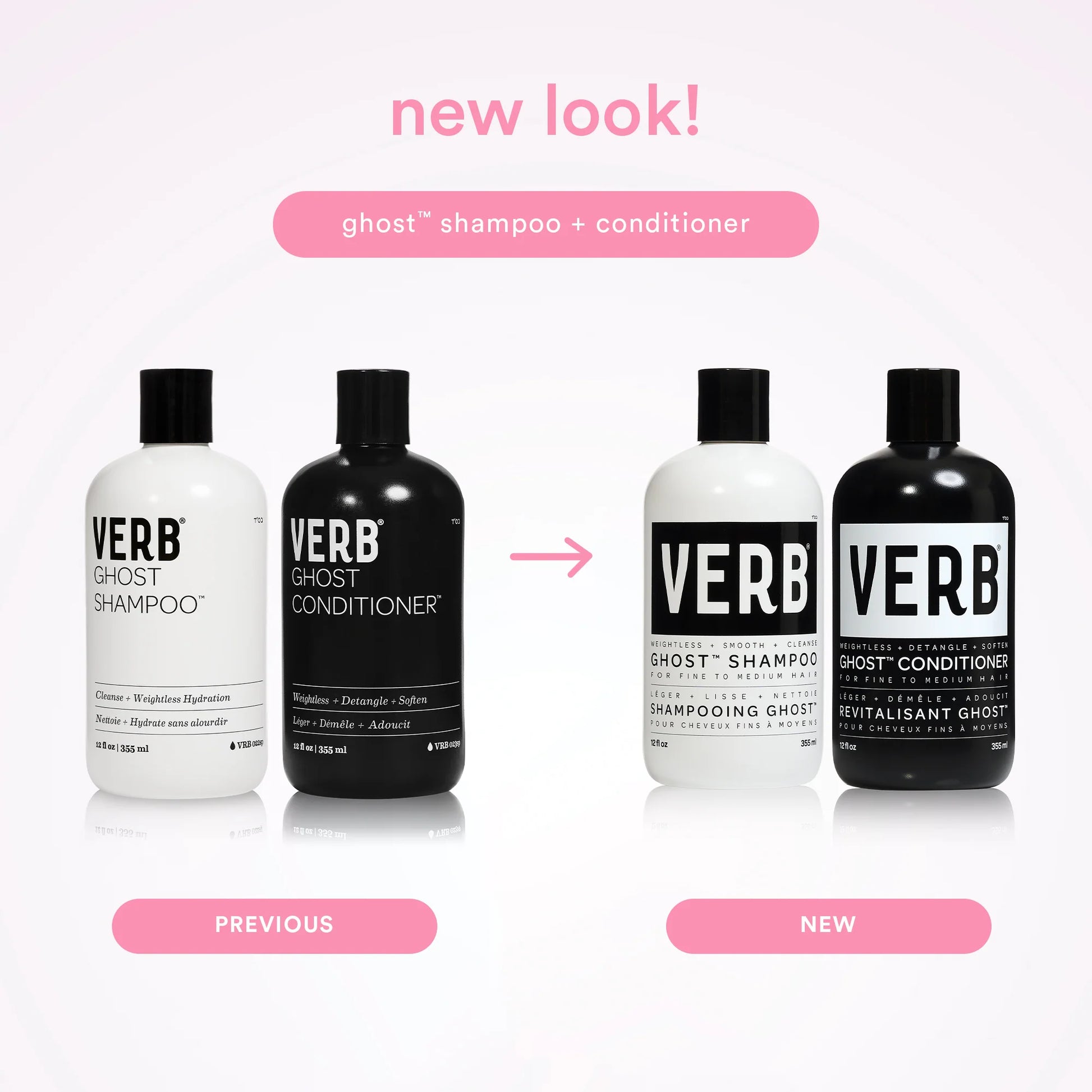 Verb Ghost Shampoo and Conditioner bottles with a 'new look' comparison on a white background