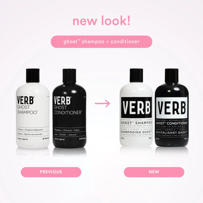 Verb Ghost Shampoo and Conditioner bottles with a 'new look' comparison on a white background