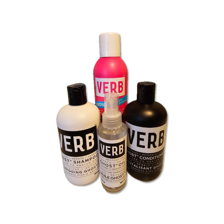 Set of Verb hair care products including shampoo, conditioner, oil, and spray on a white background