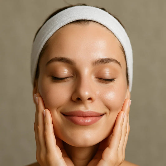 Woman with a headband touching her face against a neutral background