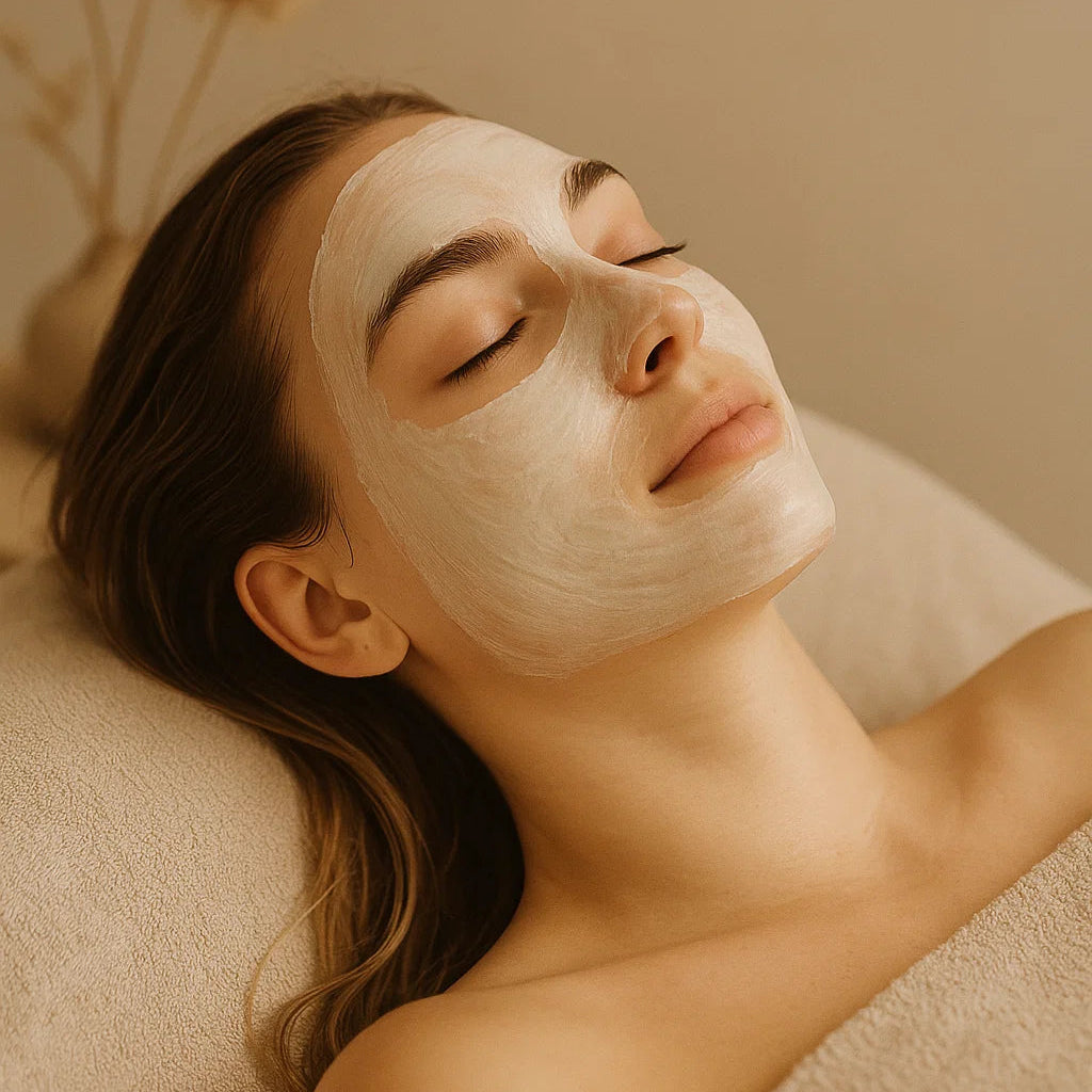 Woman receiving a facial treatment with a neutral background