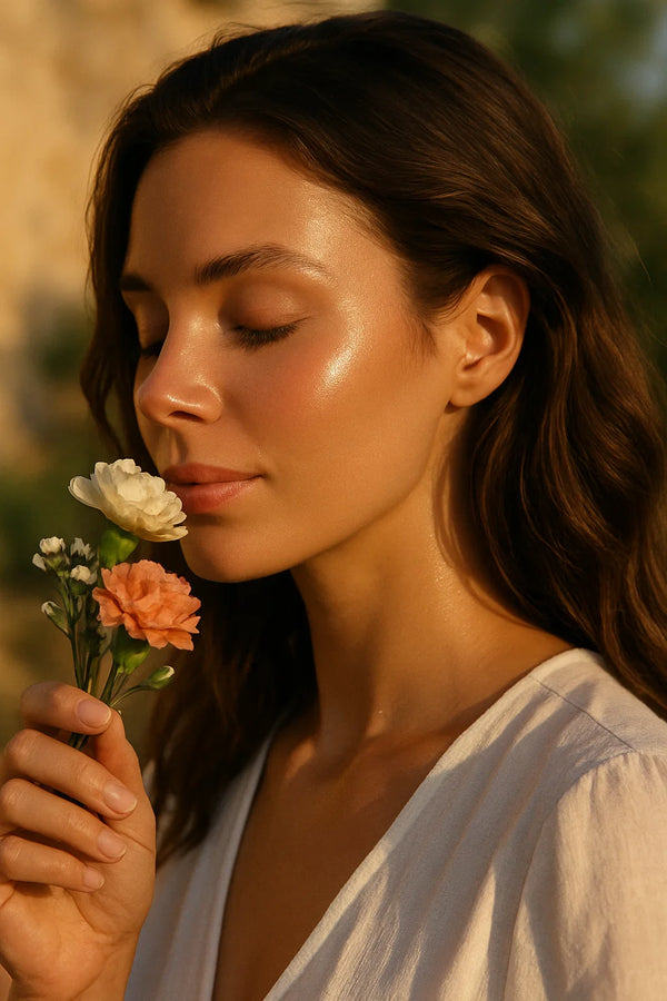Woman in a white robe outdoors holding a small bunch of orange flowers, eyes closed.