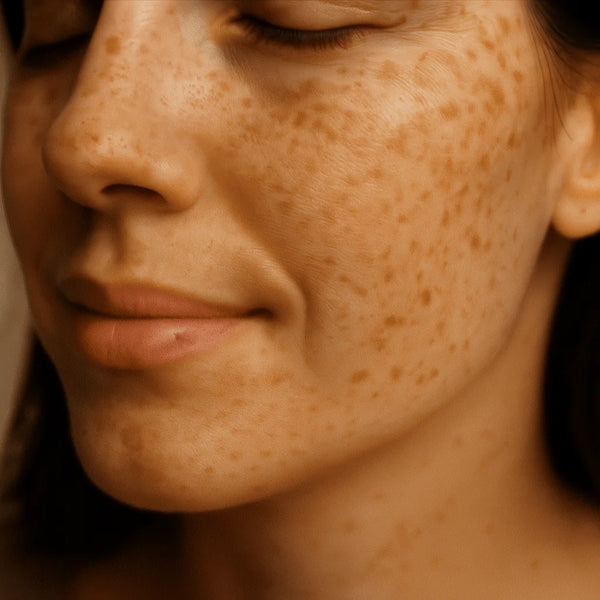 Close-up of a woman's cheek and jaw showing freckles and uneven tone across the skin.