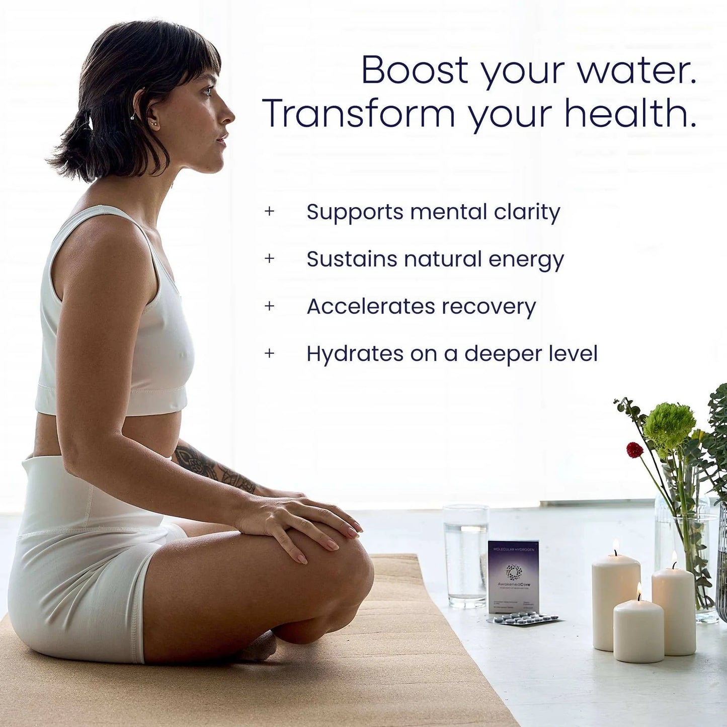 Woman in white outfit meditating with text about water benefits on a white background
