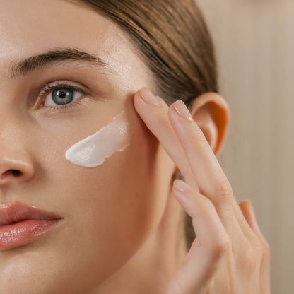 Eminence Ceramide Repair Balm close-up of a model smoothing cream onto her cheek.