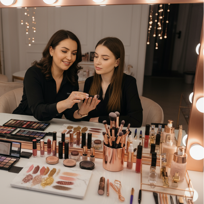 Professional makeup lesson demonstrating daytime to evening beauty transformation techniques