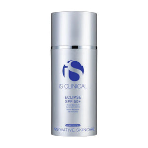 iS Clinical Eclipse SPF 50+ in its silver and blue airless pump bottle on a plain background.
