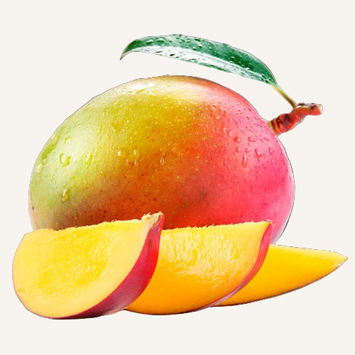 Whole and sliced mangoes with a green leaf on a white background
