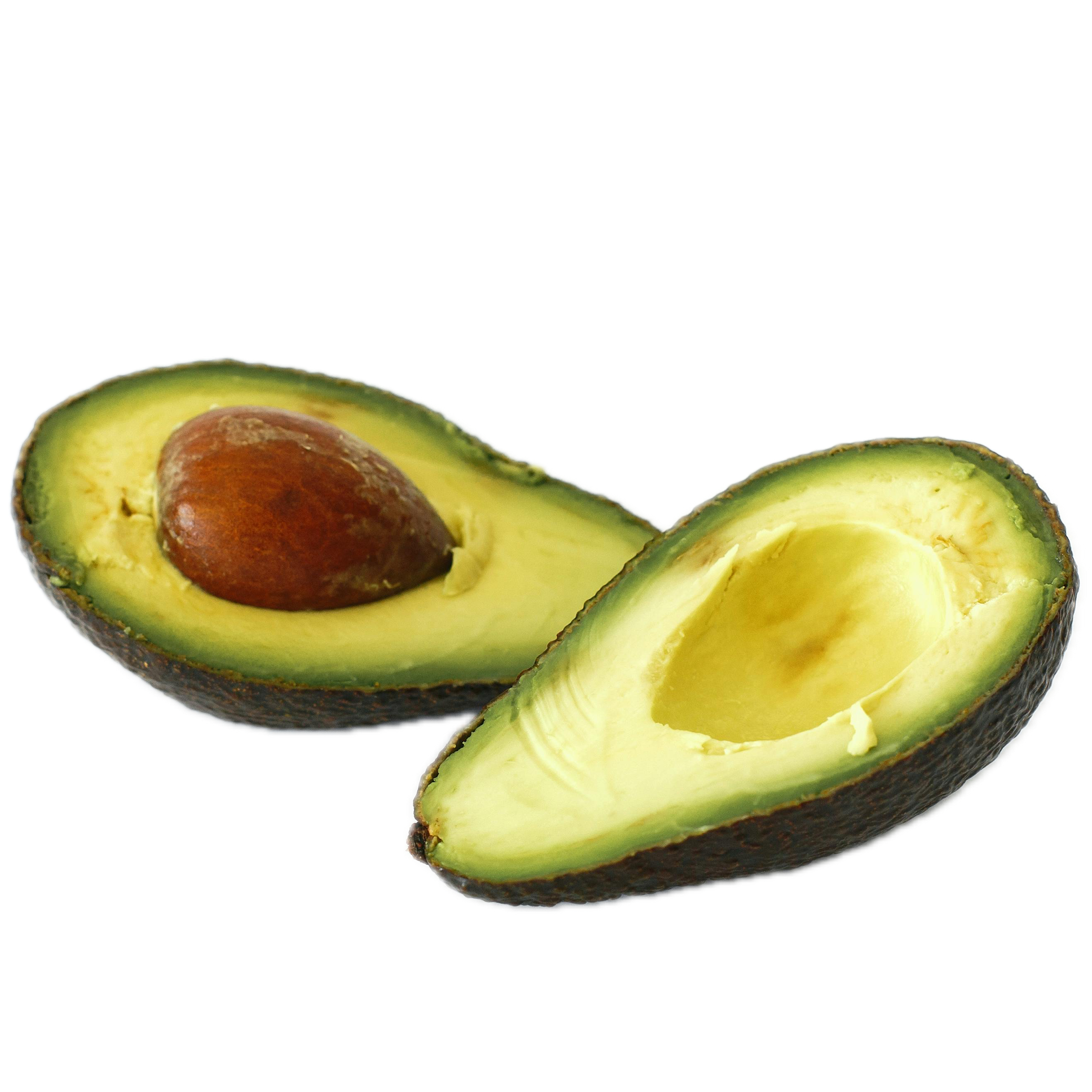Two halves of an avocado on a white background