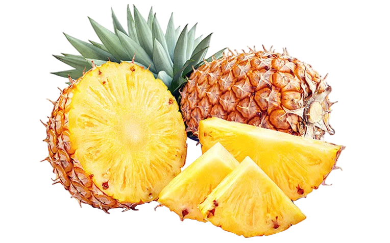 Whole and sliced pineapple on a white background