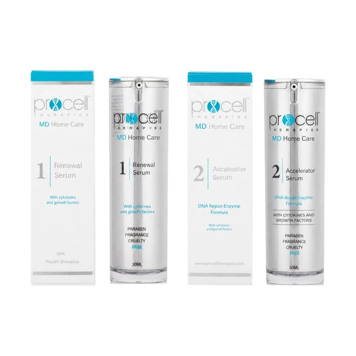 ProCell MD Aftercare Set: Step 1 Cellular Renewal Serum and Step 2 Healing Accelerator, box and bottle