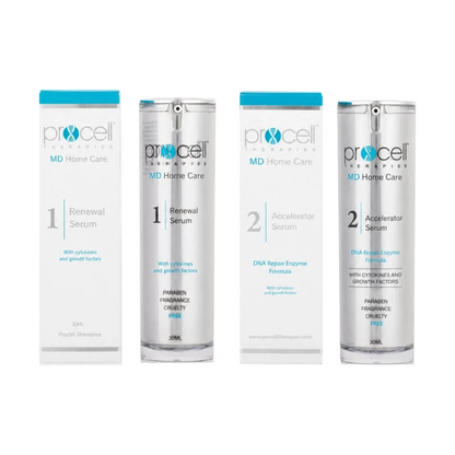 ProCell MD Aftercare Set: Step 1 Cellular Renewal Serum and Step 2 Healing Accelerator, box and bottle