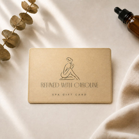 Refined with Caroline spa gift card in gold, for facials, peels and treatments
